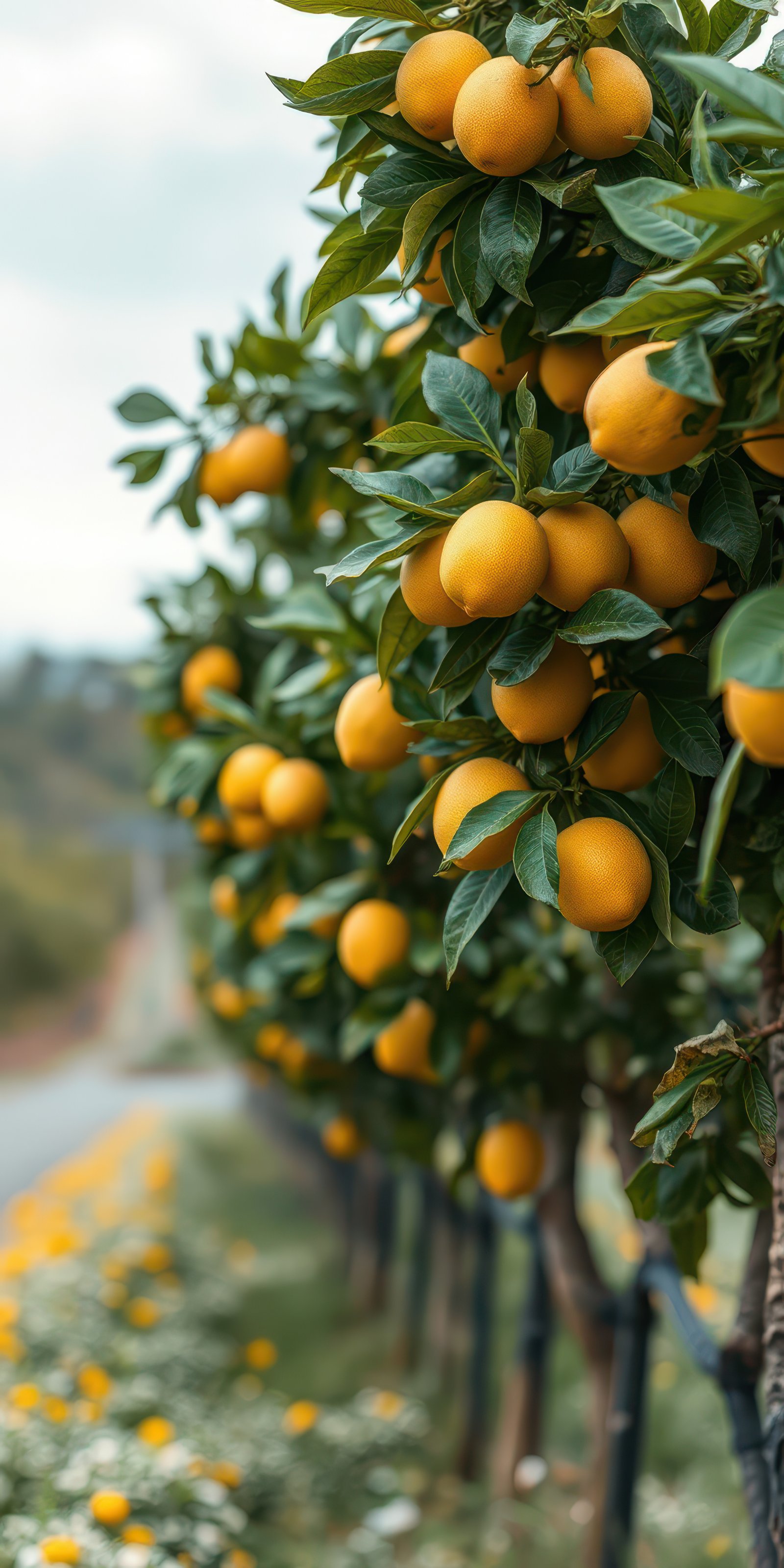 Citrus orchard showcasing ripe oranges along a serene country road surrounded by lush greenery